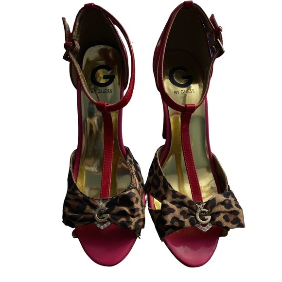 Guess Open-Toed Strappy Pink Red and Leopard Print GG Harty High Heels Women 7 M - Picture 2 of 8